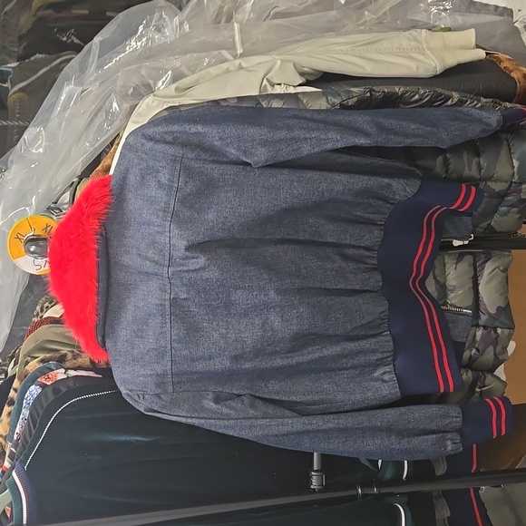 Harvey Faircloth Denim Bomber Jacket with Red Faux Fur Collar | Size 4, USA Made - Picture 4 of 4